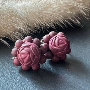 Vintage Earrings Sterling Silver Screw Back Rose Carved Bead Pink Roses